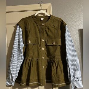 Olive/Blue button front mix media top